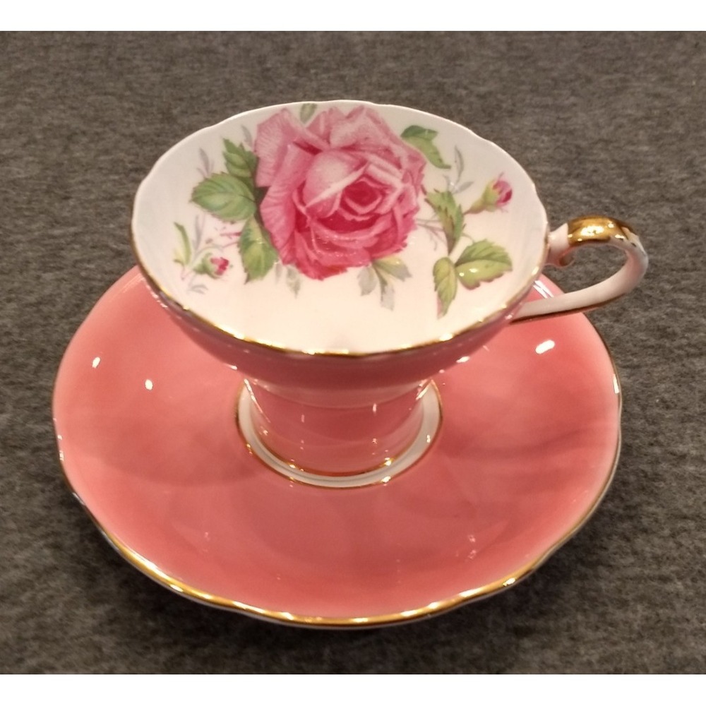 Aynsley Teacup & Saucer Pink Cabbage‎ Rose Corset Bone China Gold Gilt England